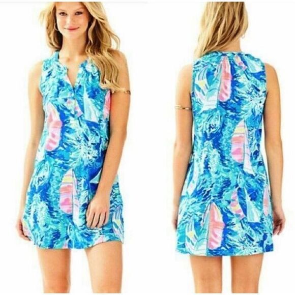 Lilly Pulitzer Essie Dress Sparkling Blue Hey Bay Bay Sailboat Print Women’s XXS - Picture 1 of 12